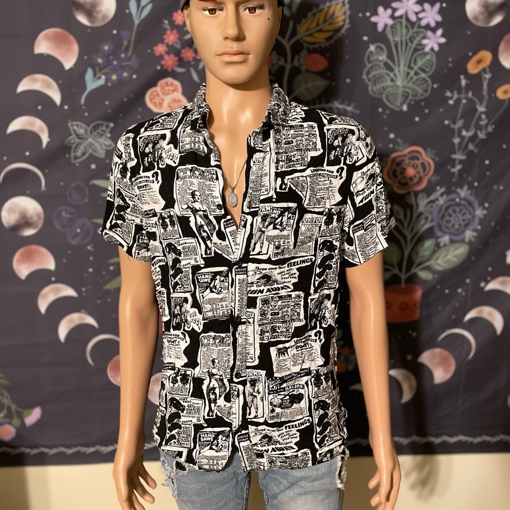 Empyre newspaper collage style button down short sleeve shirt